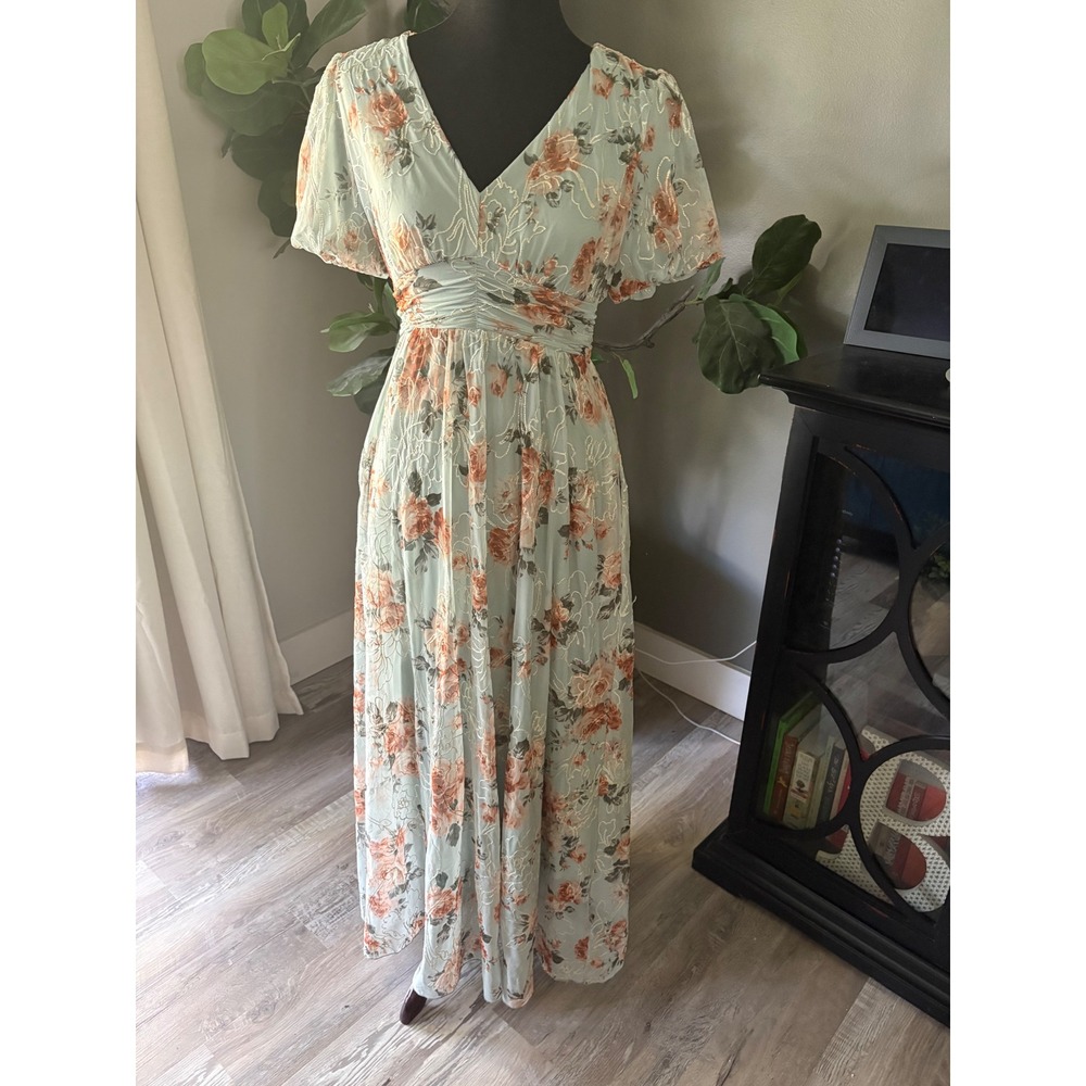 Baltic Born Lydia Sage Floral Embroidered Maxi Dress V-Neck Smocked Back Small